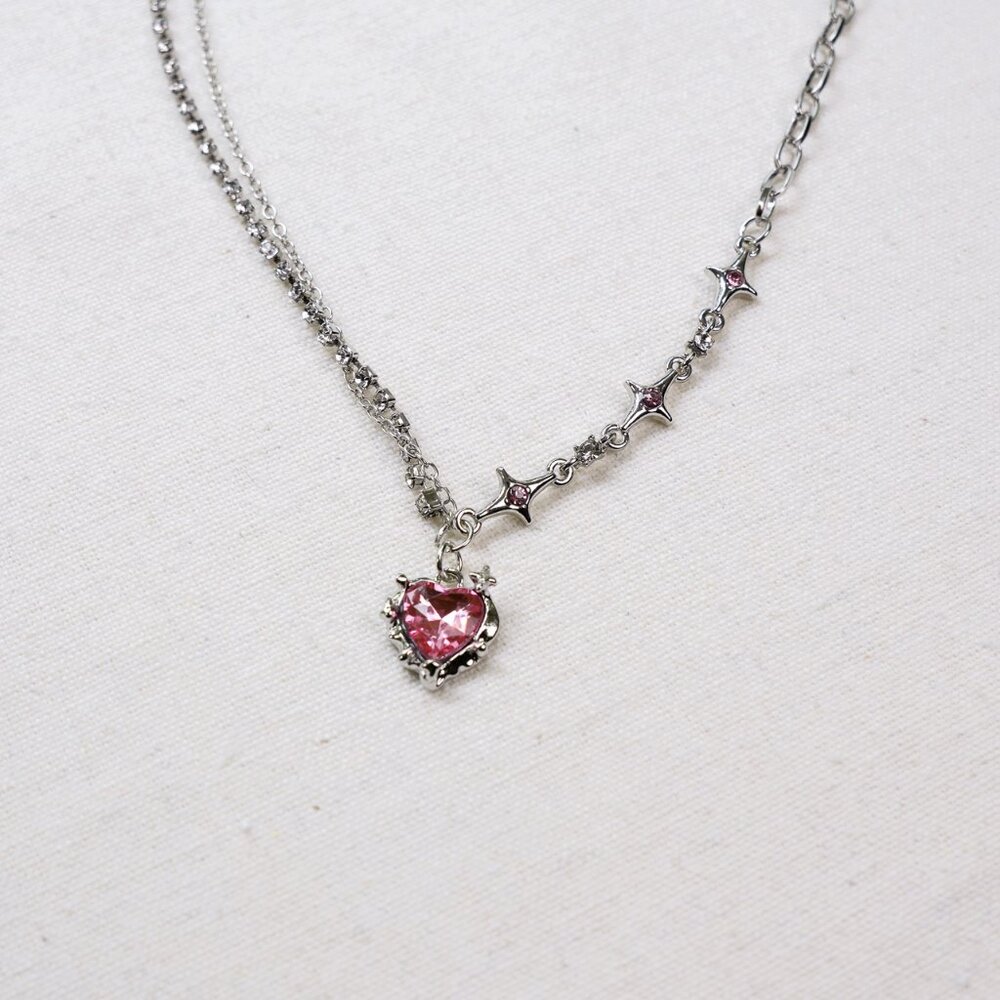 Pink stone heart silver necklace y2k